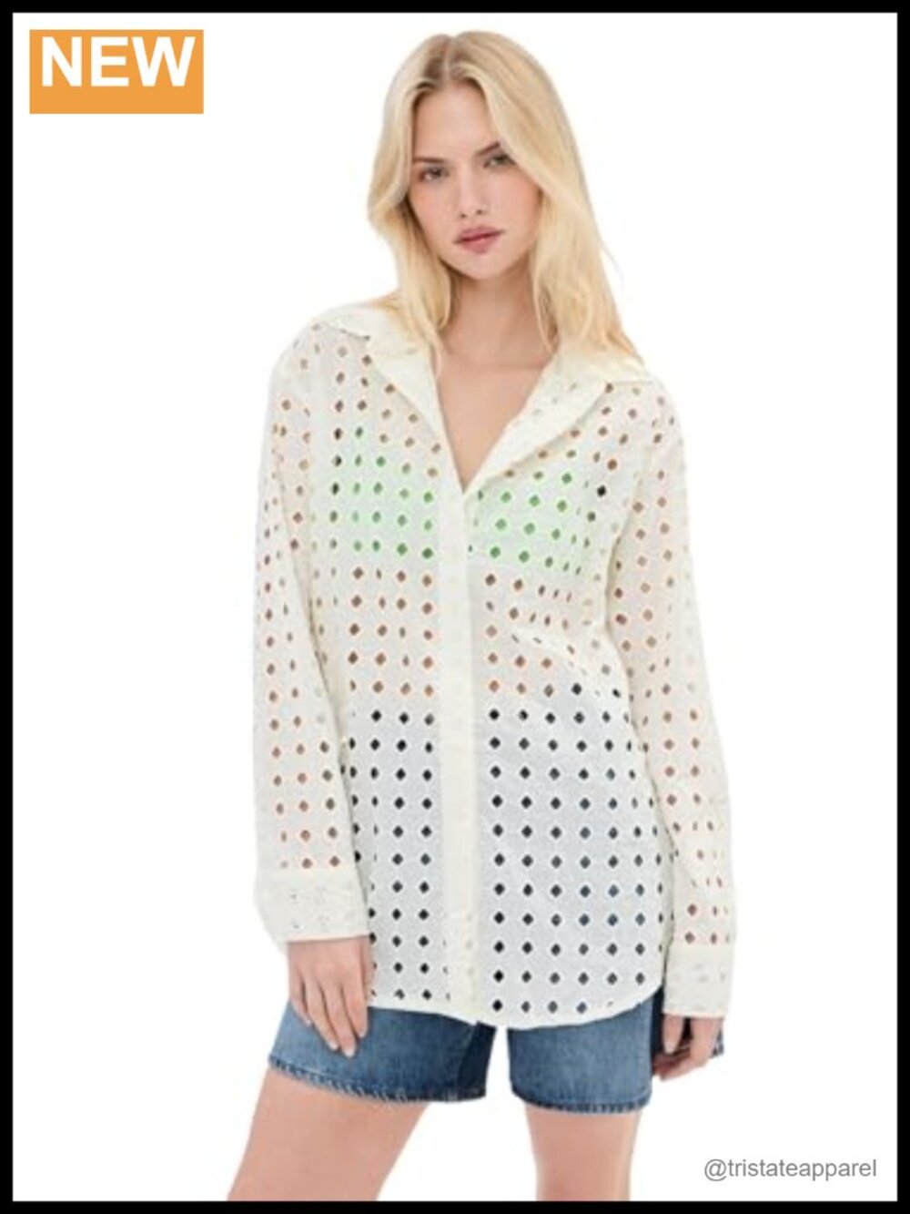 LE BOP Women's Cecilia Long Sleeve Button Down Shirt Ivory Eyelet Cotton
